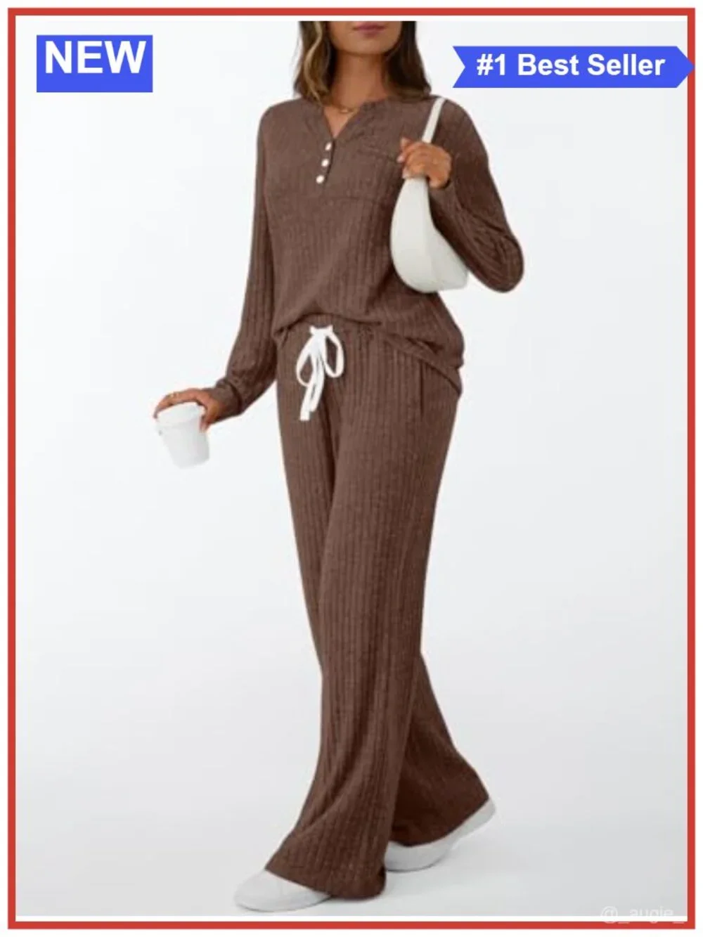 2 Piece Lounge Set Long Sleeve Henley Top Drawstring Wide Leg Pants Pockets